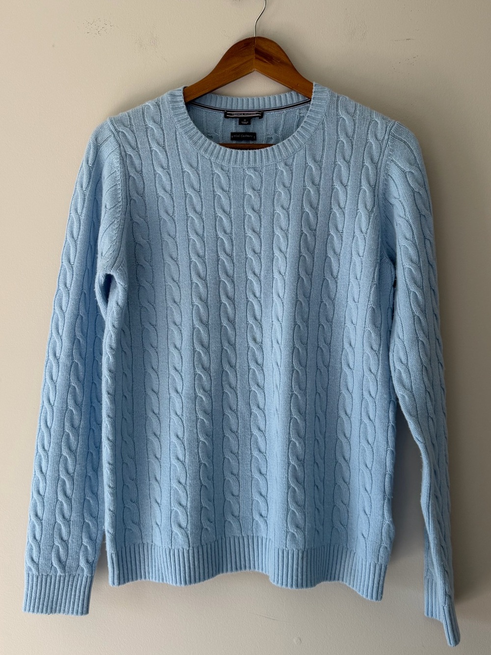 Tommy Hilfiger Light Blue Cable Knit Cashmere and Wool Crewneck Sweater